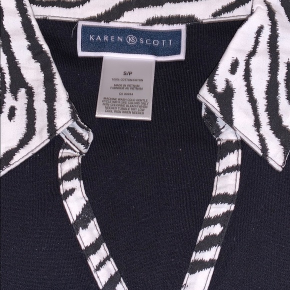 Karen Scott Petite Zebra Print Black Dressy Collared Pullover Shirt Blouse - Picture 3 of 4